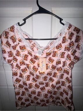 Pink Cat-Print Lace Trim Short Sleeve Top